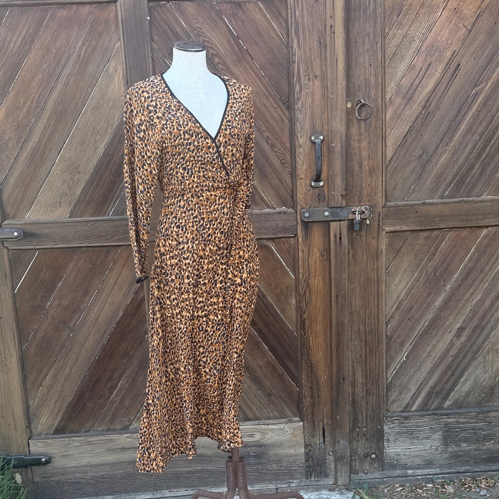 Zara Brown Leopard Long Sleeve Dress ties on the side S - Picture 2 of 12